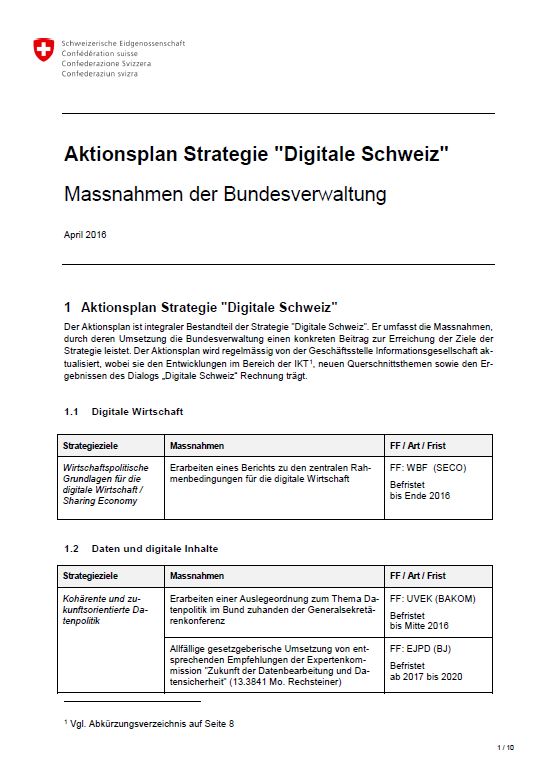 Deckblatt des Aktionsplans Digitale Schweiz
