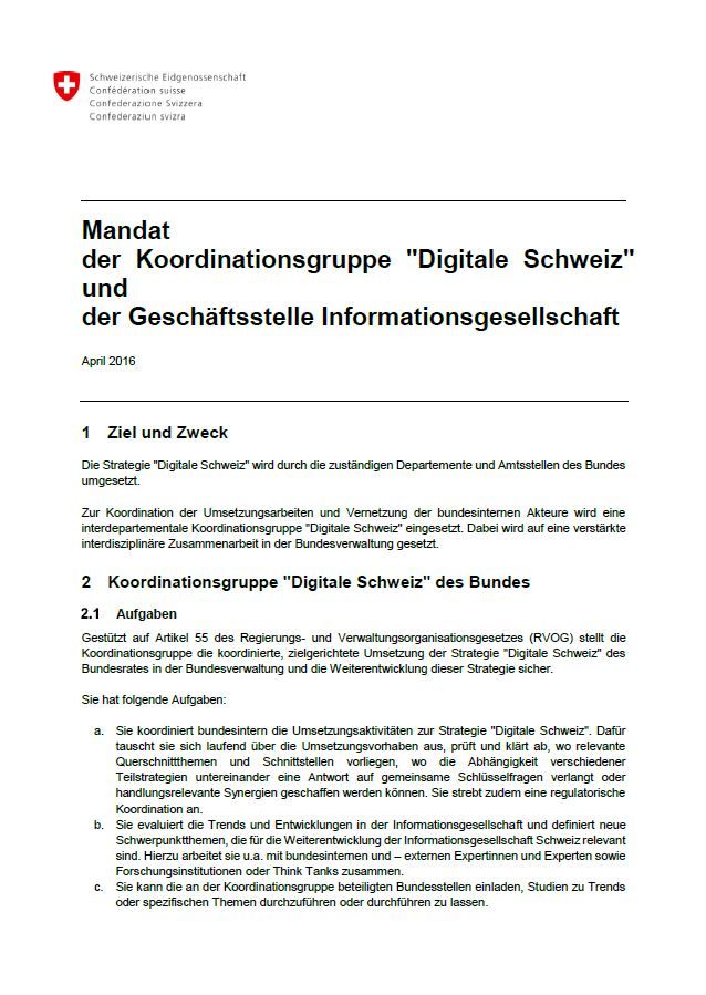 Titelblatt des Mandats Digitale Schweiz